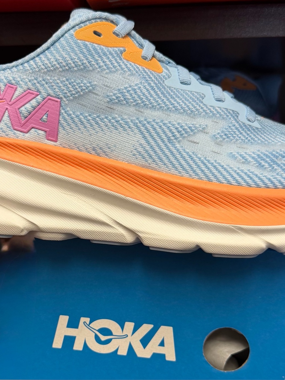 Hoka Women's Light Blue & Orange Athletic Sneaker with Pink Logo